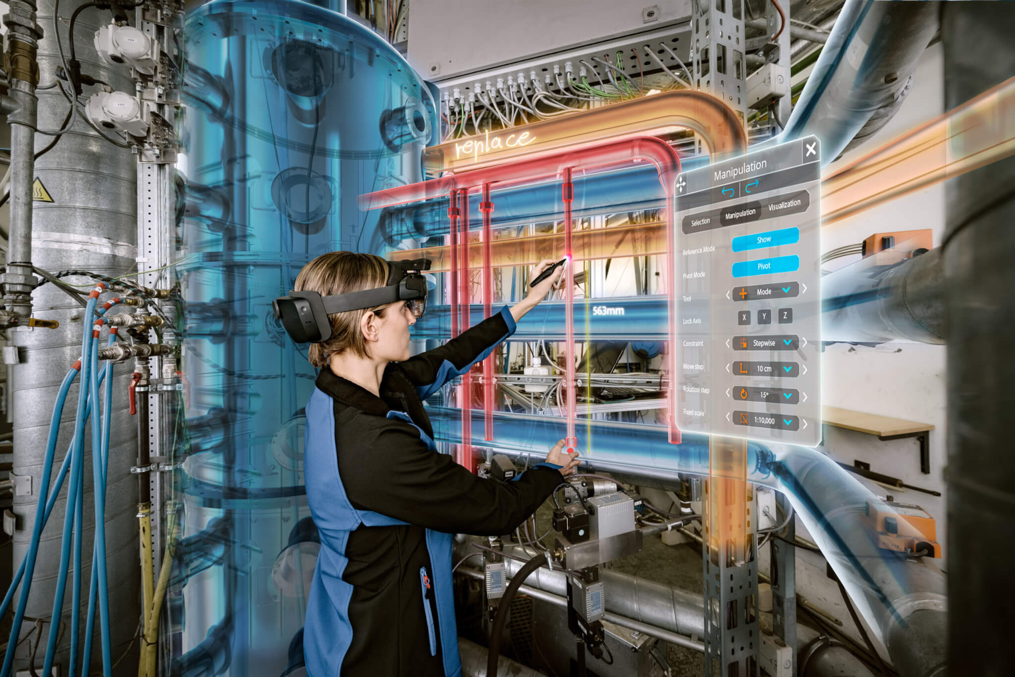 An industrial engineer takes measurements of its industrial plant.